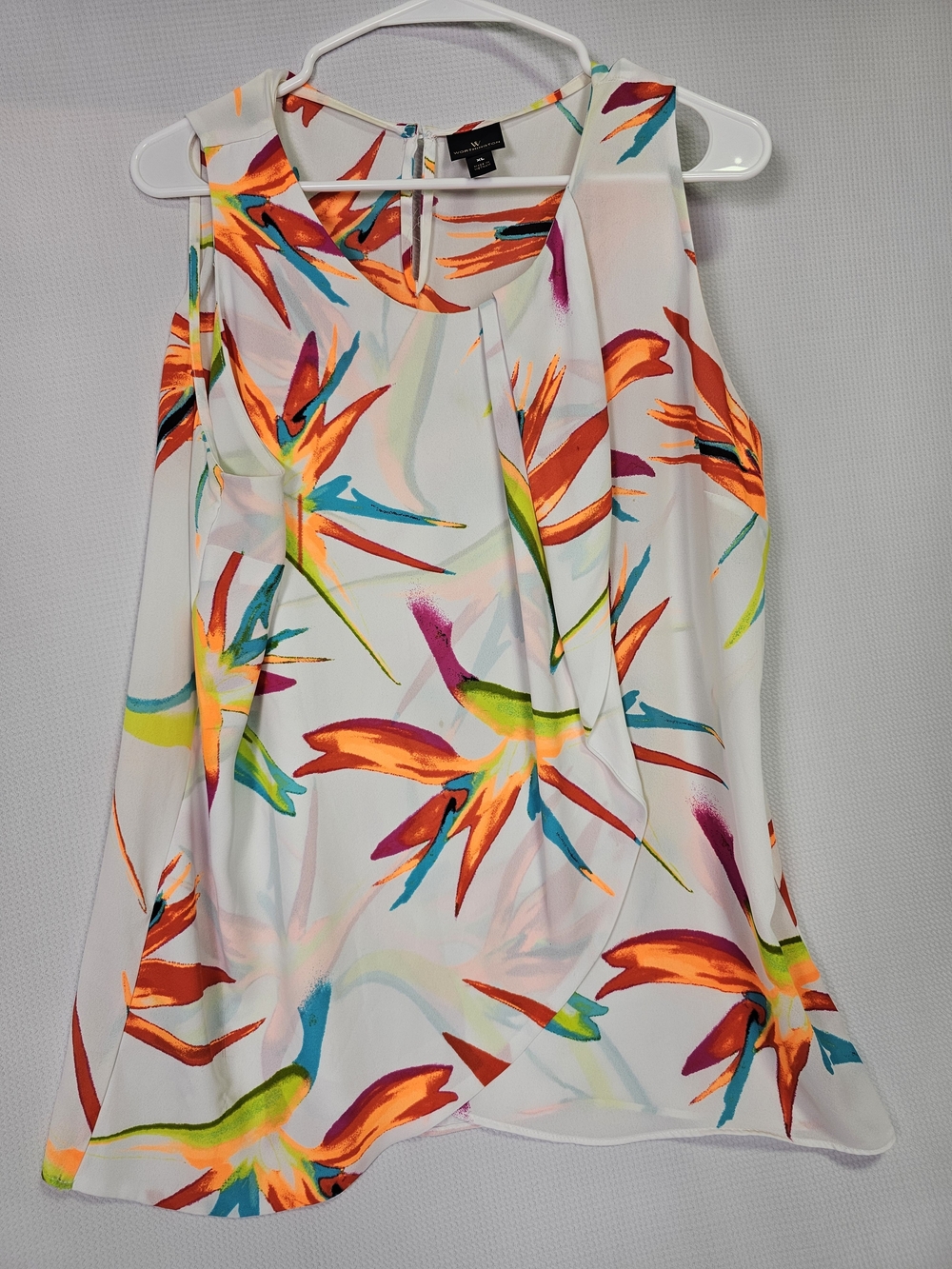 Worthington White Blouse with Vibrant Orange and Teal Floral Streaks
